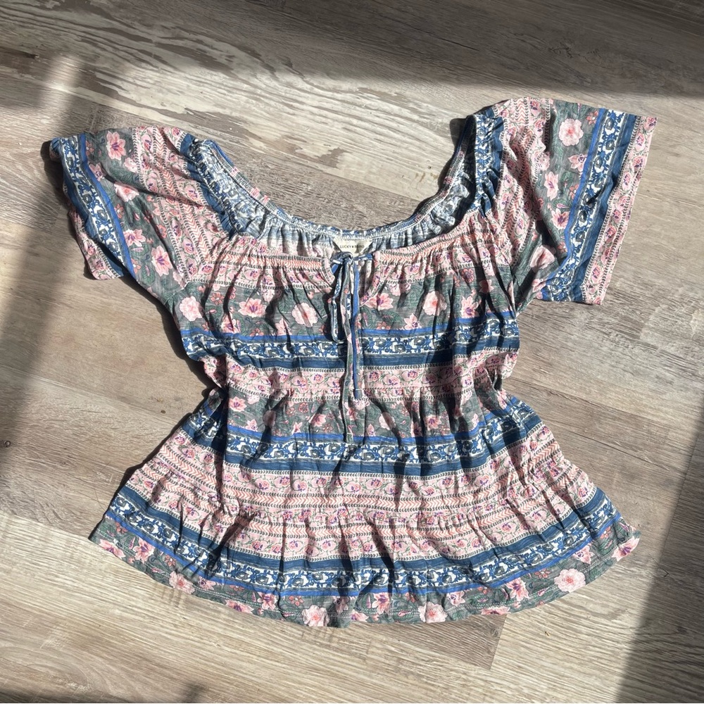 Lucky Brand Blouse Womens Small Multicolor Floral Short Sleeve Peasant Tunic